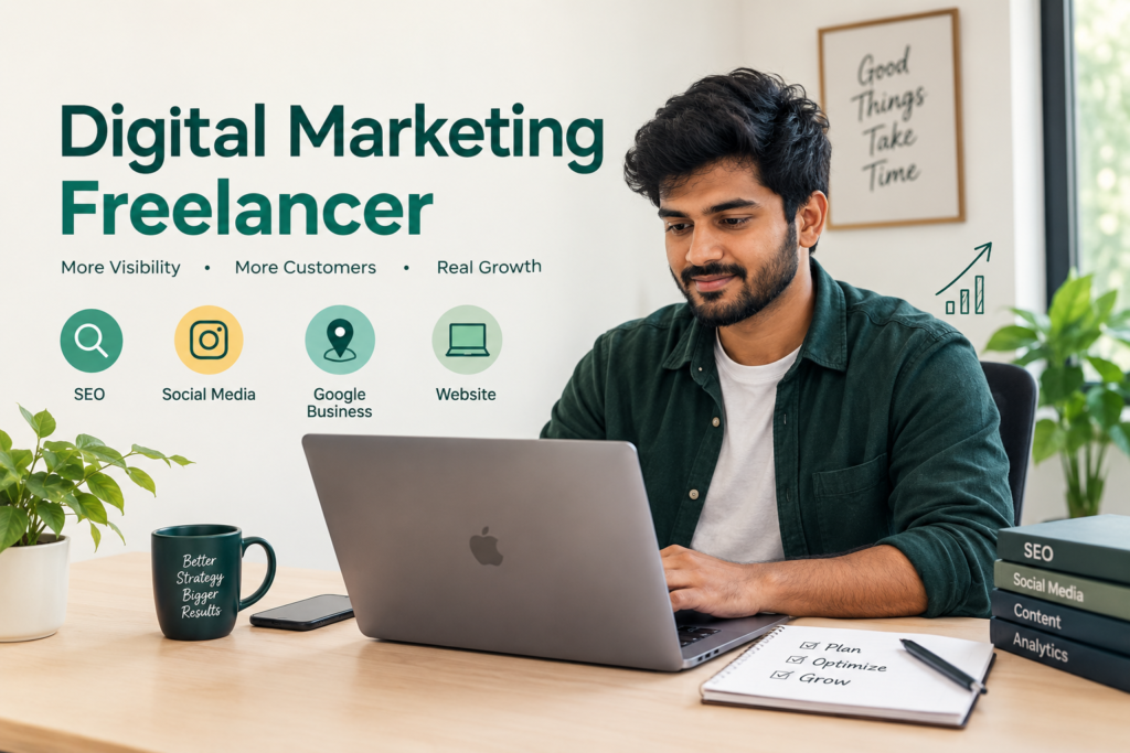 Digital marketing freelancer working on a laptop with SEO, social media, Google Business, and website services.
